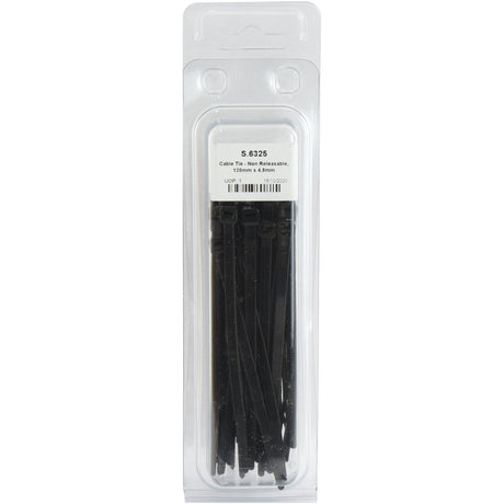 Pack of 120mm x 4.8mm black non-releasable cable ties from Sparex (Part No. S.6325) in clear plastic packaging with a label stating the product details.