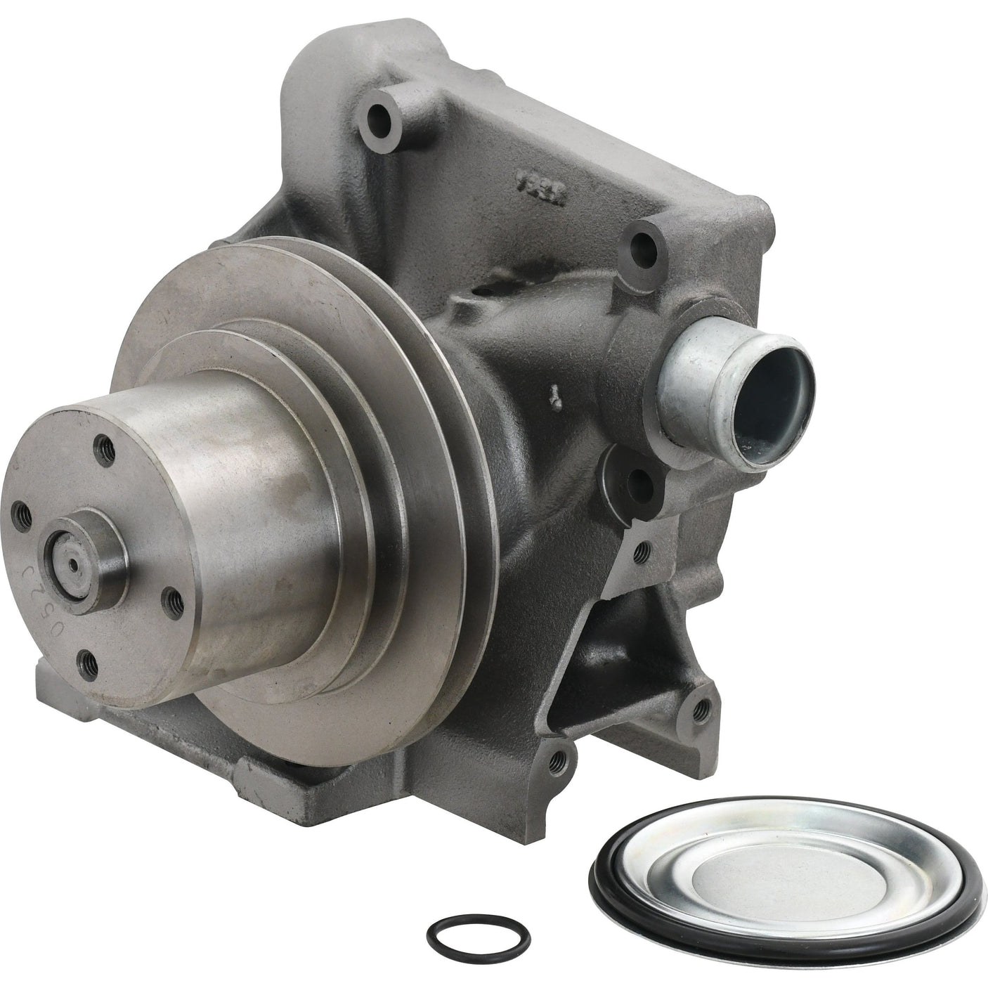 A metallic Sparex Water Pump Assembly (Supplied with Pulley) | Sparex Part No.S.63275 featuring a V-Style pulley, a gasket, and an accompanying metal cover placed on a white background.