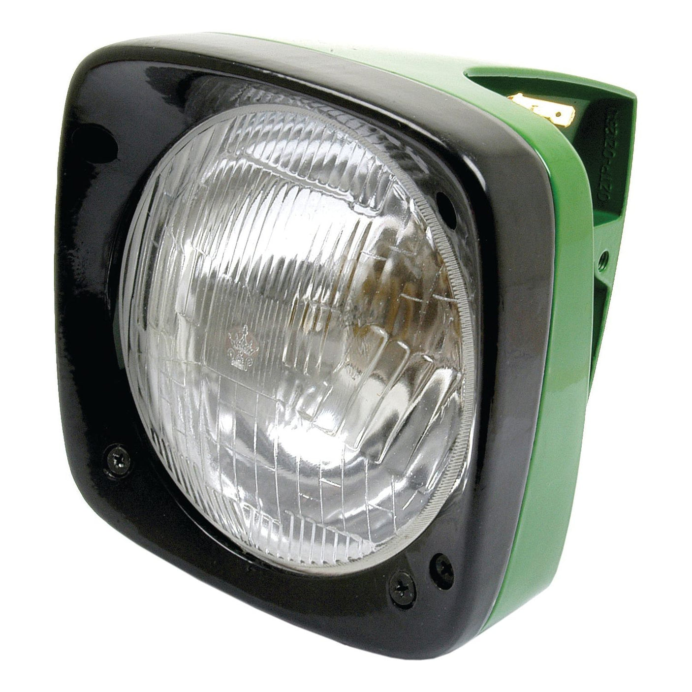 The Sparex Head Light (Halogen) S.63332, with a square-shaped design and a clear, ribbed lens, is encased in black and green housing, providing brighter illumination at 12V.