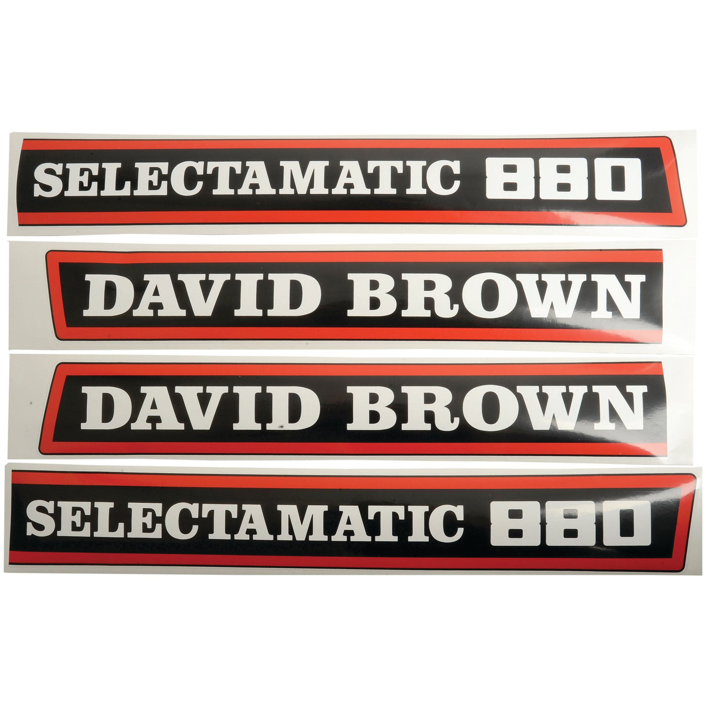 The Decal Set - David Brown 800 Selectamatic | Sparex Part No.S.63343 from Sparex includes four decal stickers, featuring two with "Selectamatic 880" and two with "David Brown" in bold white text on a black background. This decal set is ideal for anyone restoring a classic David Brown 800 Selectamatic or looking to enhance the appearance of their Case IH machinery.