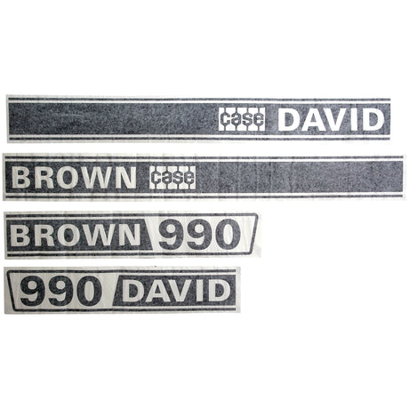 Four black-and-white CASE tractor decals with the names "CASE DAVID," "BROWN CASE," "BROWN 990," and "990 DAVID" displayed, perfect for any David Brown 990 restoration project. This Decal Set - David Brown 990 by Sparex (Part No. S.63345) ensures your classic tractor looks as good as new.
