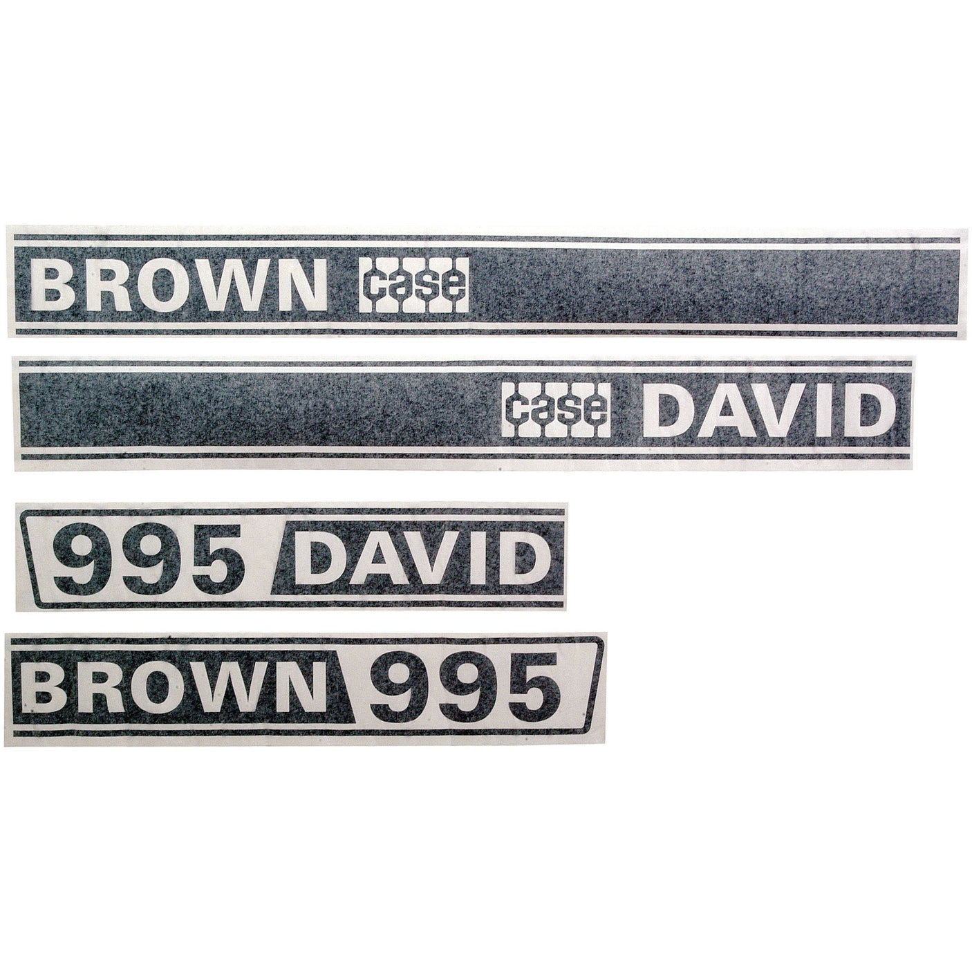 A Decal Set from Sparex, Part No. S.63346, featuring four rectangular decals with the words "BROWN," "CASE," "DAVID," and "995" in various combinations, perfect for customizing your David Brown 995.