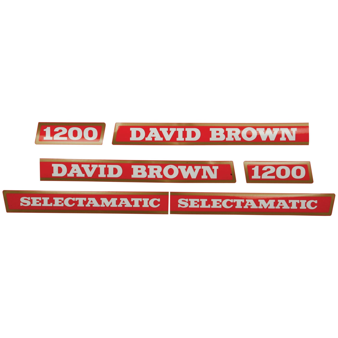 Image of six red nameplates with white text that read "1200," "DAVID BROWN," and "SELECTAMATIC." This Sparex Decal Set (Part No. S.63347) is designed specifically for the David Brown 1200 Selectamatic series, making it an ideal choice for enthusiasts and restorers.