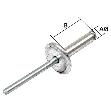 A Pop Rivet 4 x 6mm (Sparex Part No. S.6334) from Sparex, featuring a short cylindrical stem and a flat, round head with dimensions marked in metric as "AØ" and "B".