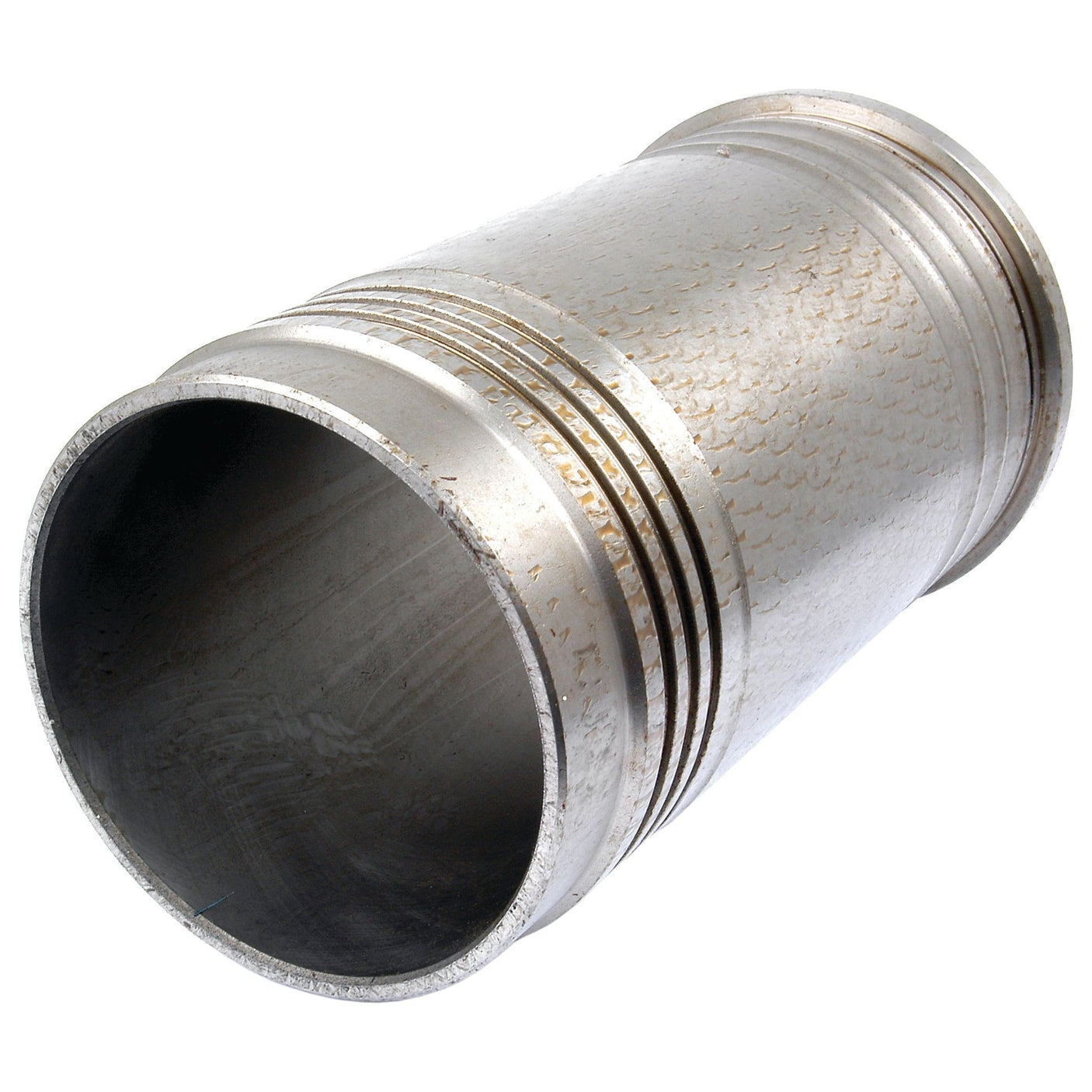 A close-up view of a metallic cylindrical tube with a textured surface and multiple grooves near one end, showcasing the durability and precision craftsmanship characteristic of Sparex products, specifically their Piston Liner (Finished) | Sparex Part No.S.63385.