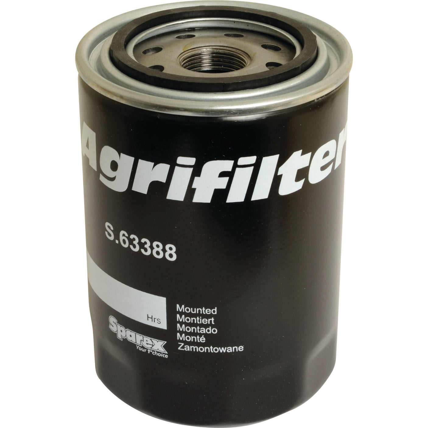 A black cylindrical Sparex Oil Filter - Spin On (Part No. S.63388) featuring text and the Massey Ferguson logo on its side.