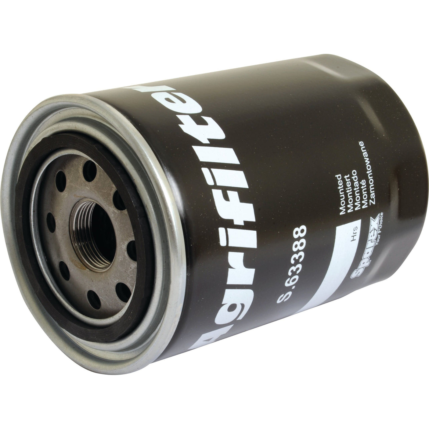 A cylindrical Sparex oil filter, model Spin On (S.63388), with a black outer casing and multiple holes on one end, suitable for Massey Ferguson machinery.