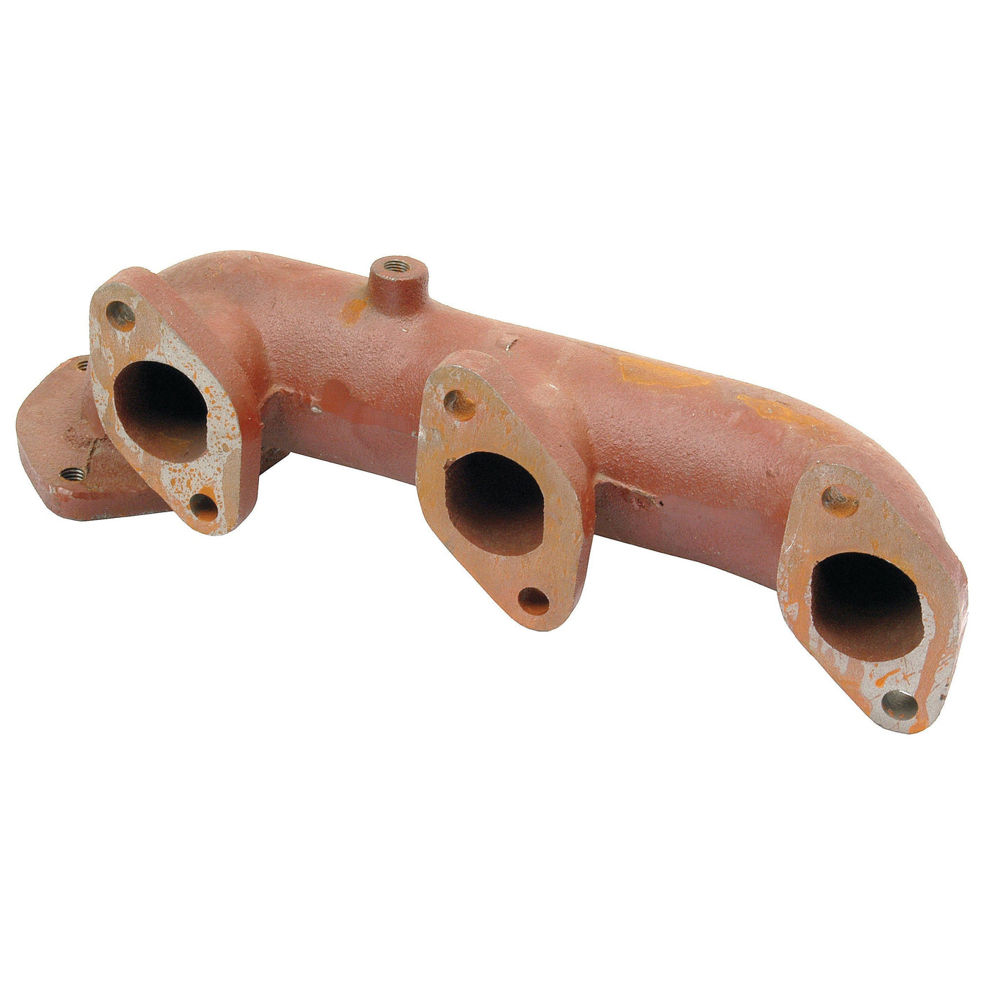 A rusted, multi-outlet Sparex exhaust manifold (3 Cyl.), part number S.63414, from a Case IH with three openings and mounting holes, displayed against a white background.