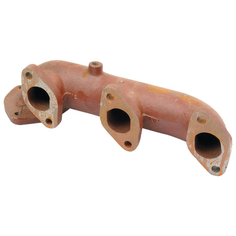 A rusted, multi-outlet Sparex exhaust manifold (3 Cyl.), part number S.63414, from a Case IH with three openings and mounting holes, displayed against a white background.