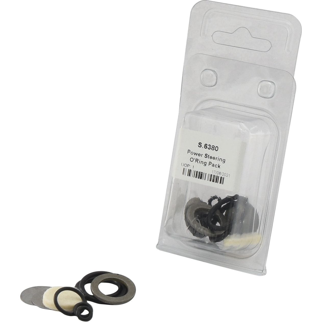 Image of a Sparex O'Ring Kit (Agripak | Sparex Part No. S.6380) with multiple rings visible both inside a clear plastic package and outside on a white surface, designed for use in the steering valve system.