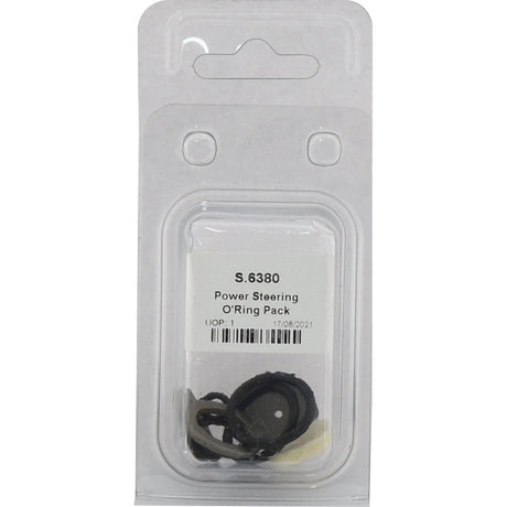 A clear plastic package containing an O'Ring Kit (Agripak) from Sparex, Part No. S.6380. The pack includes several black rubber O-rings and a white label with the product details, perfect for steering valve repairs on Massey Ferguson tractors.