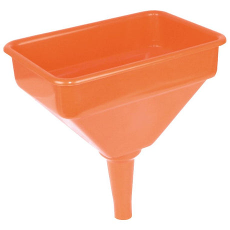 The Funnel, Ø - S.6390 by Sparex is an orange rectangular plastic funnel featuring a wide top and narrow spout, specifically designed for transferring liquids or small particles, making it perfect for maintaining your Sparex fuel filter.