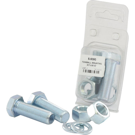 The Towball Mounting Kit 5/8'' x 2'' (Agripak 2 pcs.) from Sparex includes two 5/8'' hexagonal bolts, nuts, and washers. The kit is partially packaged with a label displaying the Sparex Part No.S.6393.