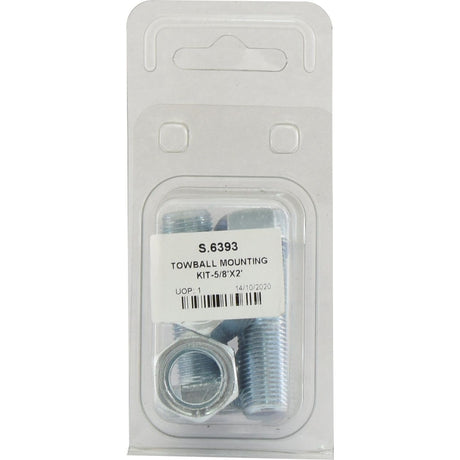 Towball mounting kit containing 5/8'' bolts and nuts packaged in transparent plastic. The label reads "Sparex Part No.S.6393 - Towball Mounting Kit 5/8'' x 2''," with a date of 14/10/2020, by Agripak.