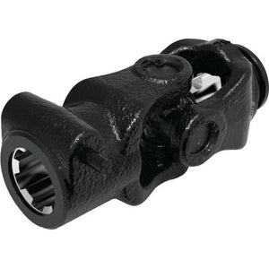 The Sparex PTO Coupling (U/J Size: 27 x 70mm) is a black universal joint with a textured surface and a cross-shaped center component. It has dimensions compatible with the AB3/A3 PTO Series and features internal splines on both ends for connecting with other parts. The coupling's profile is triangular, measuring 36 x 36 x 3.4mm, and it references product number S.6402 by Sparex.