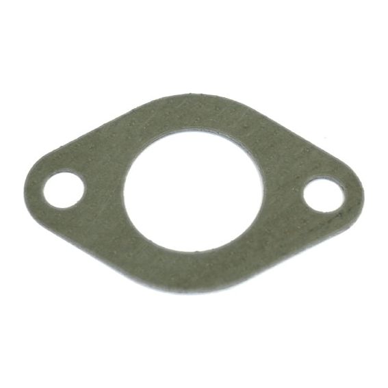 The Exhaust Manifold Gasket (Sparex Part No. S.64030) by Sparex is a flat, oval-shaped metal gasket featuring a central circular hole and two smaller holes on either side, ideal for use in Zetor exhaust manifolds and perfect for Sparex replacements.