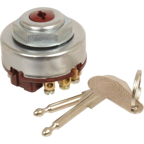 The Sparex Ignition Switch (Sparex Part No.S.64042) is displayed with three connection terminals, alongside two silver keys on a small key ring—perfect for your Zetor tractor.