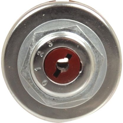 A close-up view of the Sparex Ignition Switch (Part No. S.64042) metal cylinder featuring a red key slot and numbers 0, 1, 2, 3 marked around it.