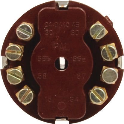 A brown circular electrical connector with multiple terminals and screw contacts, such as the Sparex Ignition Switch (Part No. S.64042), is used for wiring and connections in electronic devices like the Zetor ignition switch.