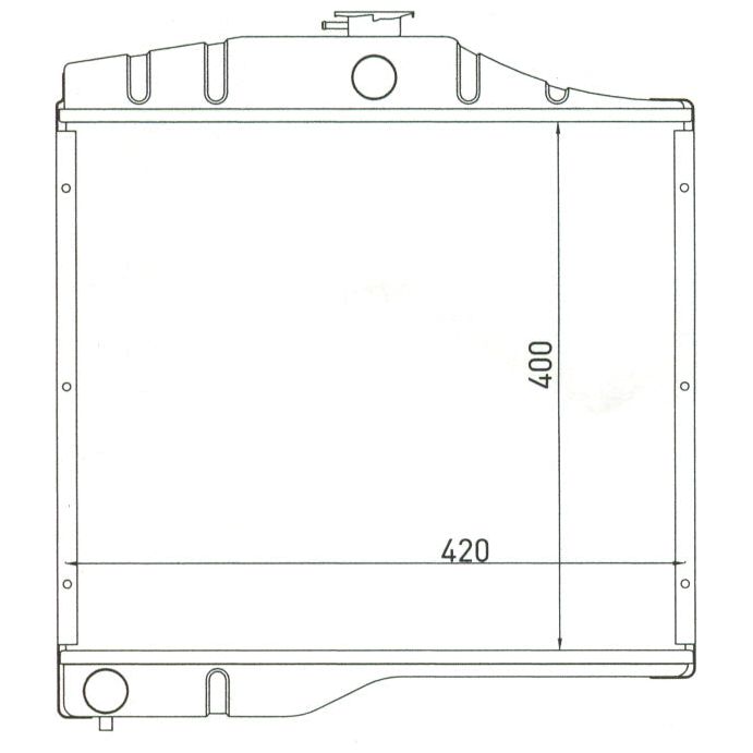 Technical drawing of a rectangular tank or container with labeled dimensions: 420 units wide and 400 units tall. The drawing includes an inlet valve at the top, specifically an Inlet 33mm associated with the Radiator Cap - S.64046 by Sparex, and an output valve at the bottom left.