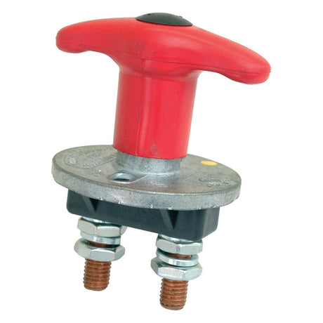 A red, T-shaped Battery Cut Off Switch from Sparex, model S.64059, featuring metallic connectors at the base for wiring, an IP67 rating, and compatibility with 12-24V systems.