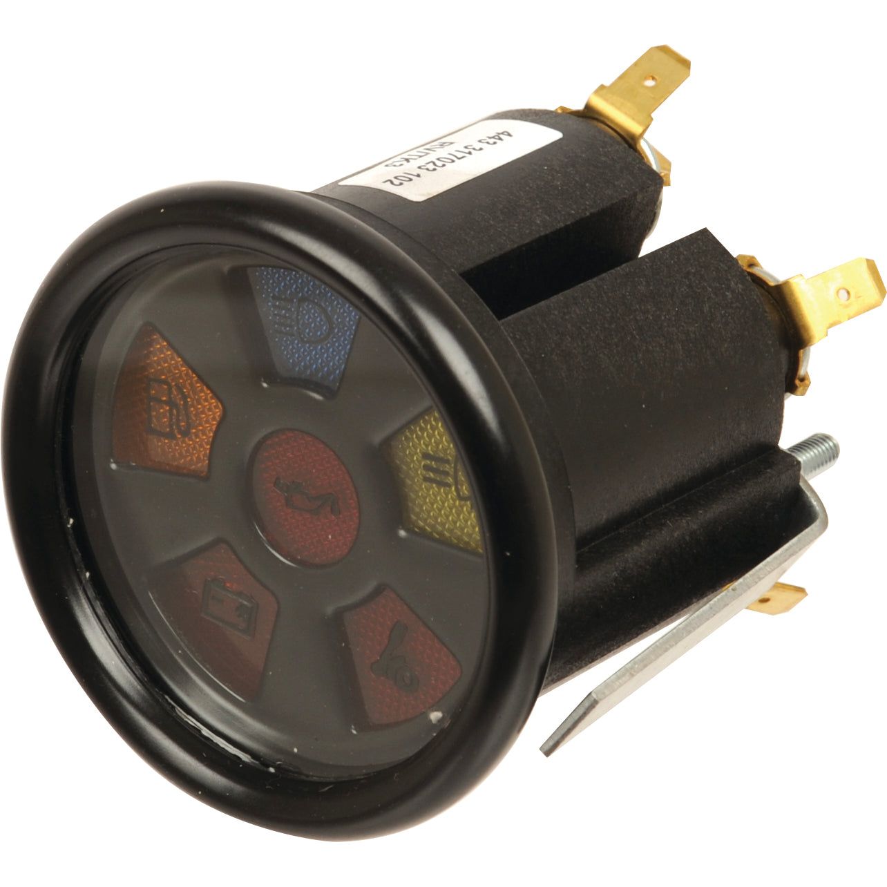 The Sparex Warning Light Cluster Gauge (Part No. S.64067) is a round, multicolored car switch with symbols for various vehicle functions such as fuel and hood, and features three metal connectors on the opposite side.