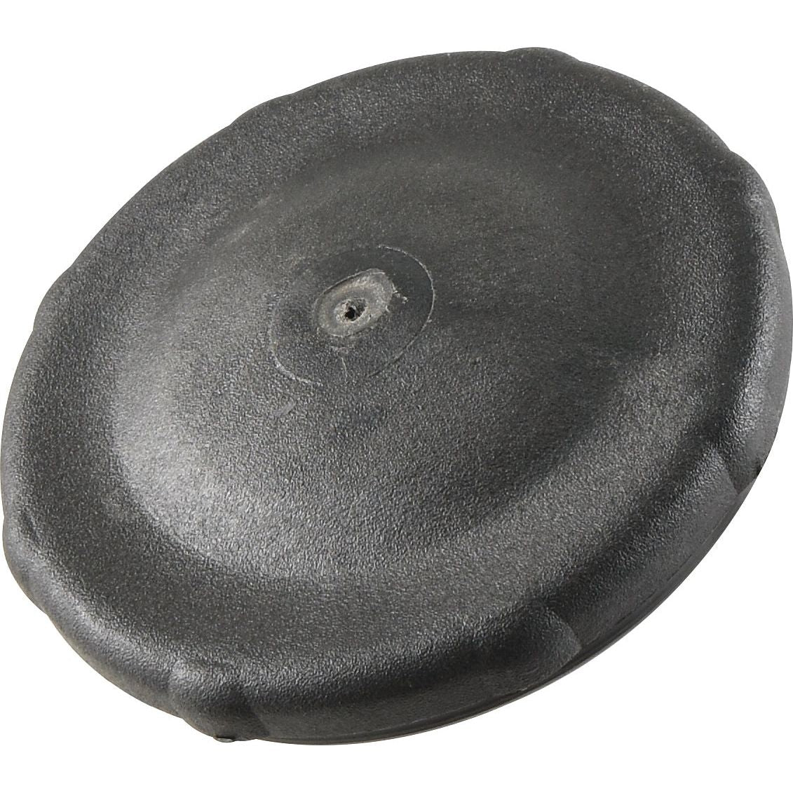 A black, circular plastic lid with a central hole and a textured surface, reminiscent of the Sparex Fuel Cap With Lock - S.64098.