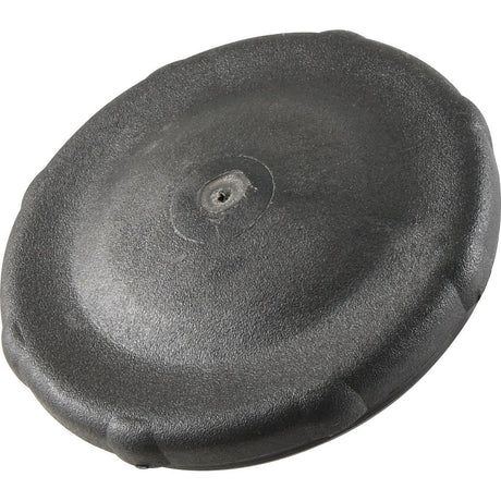 A black, circular plastic lid with a central hole and a textured surface, reminiscent of the Sparex Fuel Cap With Lock - S.64098.