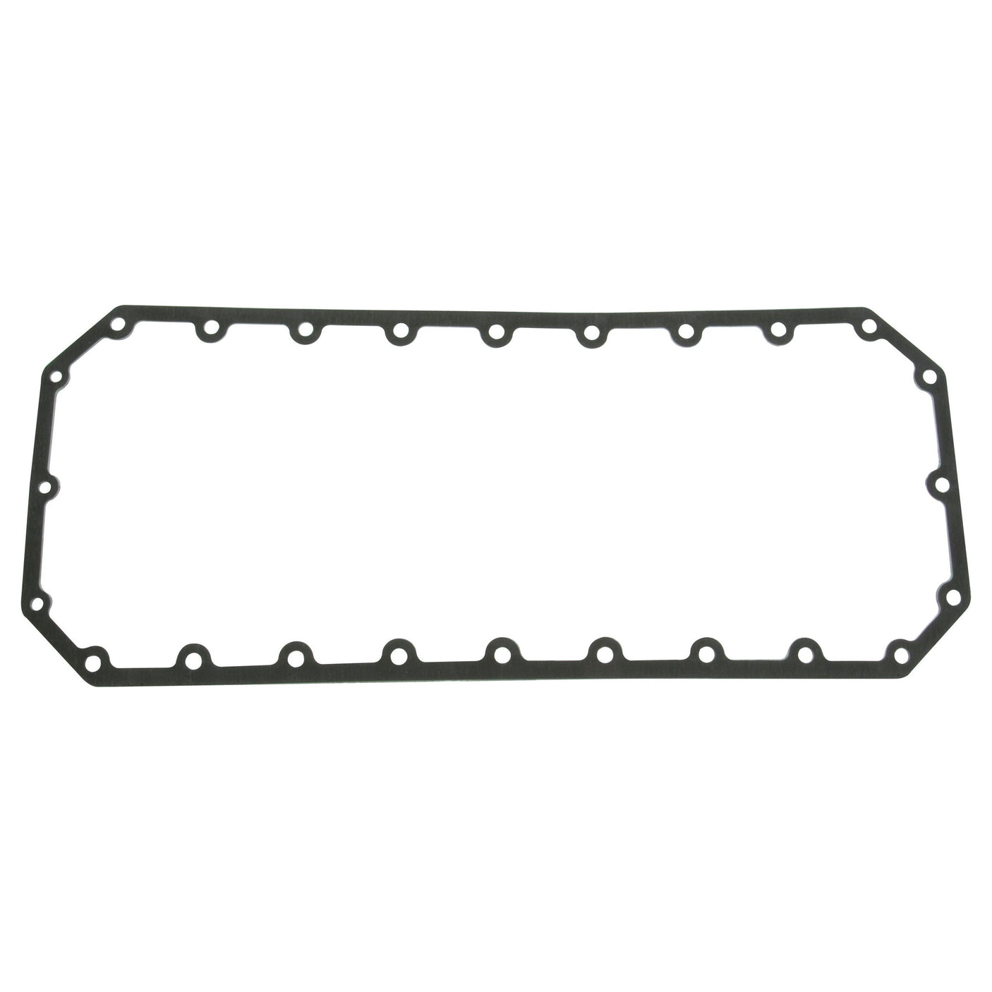 A black, rectangular rubber gasket with rounded corners and 18 evenly distributed holes around its perimeter, designed for Zetor Engine applications. Asbestos-free for safety and durability, this Sparex Sump Gasket - 4 Cyl. (S.64107) ensures a reliable seal for multiple models including Z4001, Z5501, Z5901, Z6001, and more.