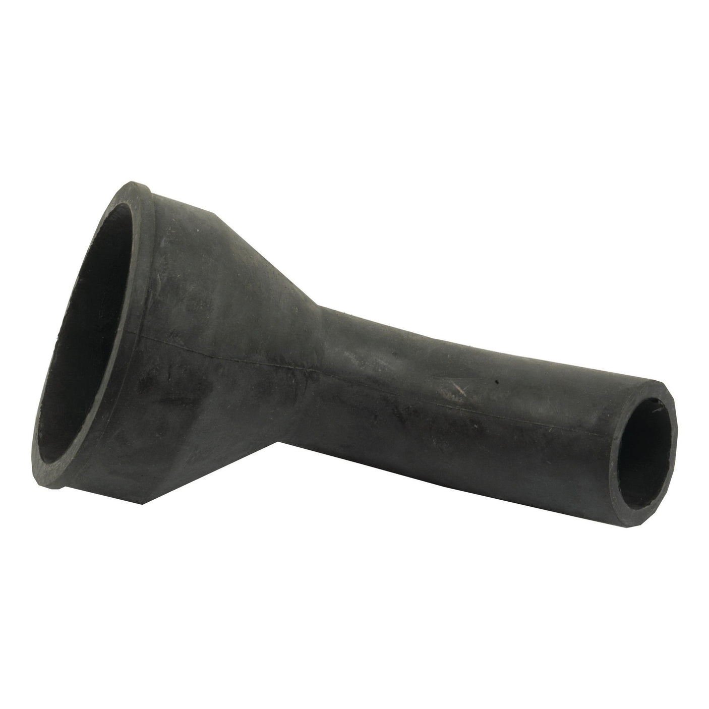 A black rubber pipe connector, known as the Sparex Top Hose (Part No. S.64145), features a wide 74mm opening on one end and a narrow 32mm opening on the other, angled at approximately 45 degrees. Ideal for Zetor tractors, this accessory ensures a secure fit and enhanced performance when used with a hose clip.