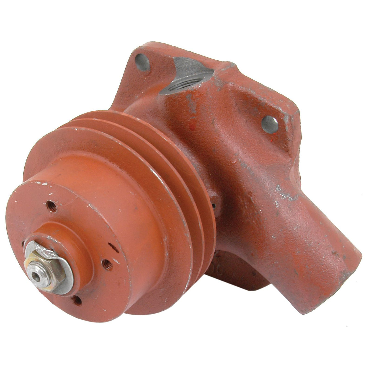 The Water Pump Assembly with Pulley by Sparex, part number S.64161, is a red cast iron Poly-Vee pulley system featuring a bolt and nut on one side, perfect for mechanical applications.