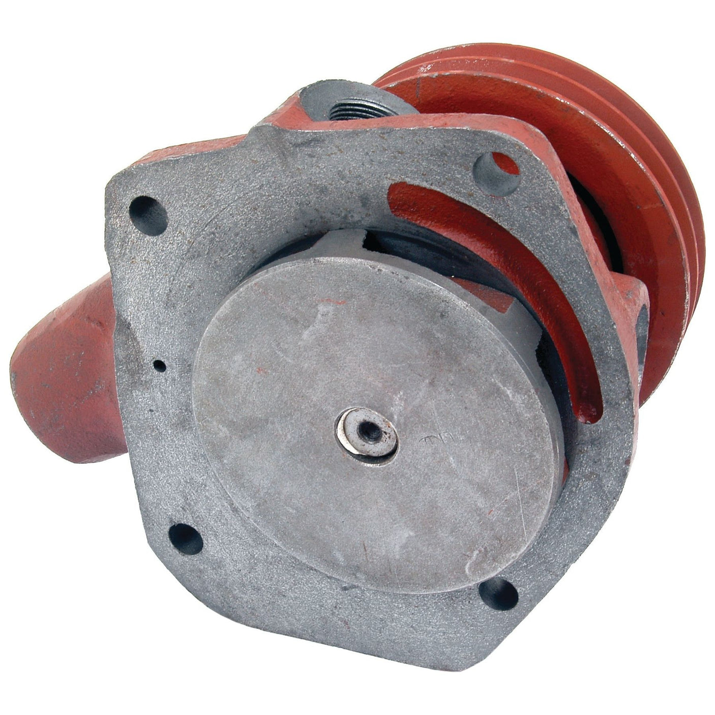 A Water Pump Assembly (Supplied with Pulley) from Sparex, with a cylindrical body, a flat circular base featuring several openings, and includes the red Poly-Vee Pulley component (Sparex Part No.S.64161).