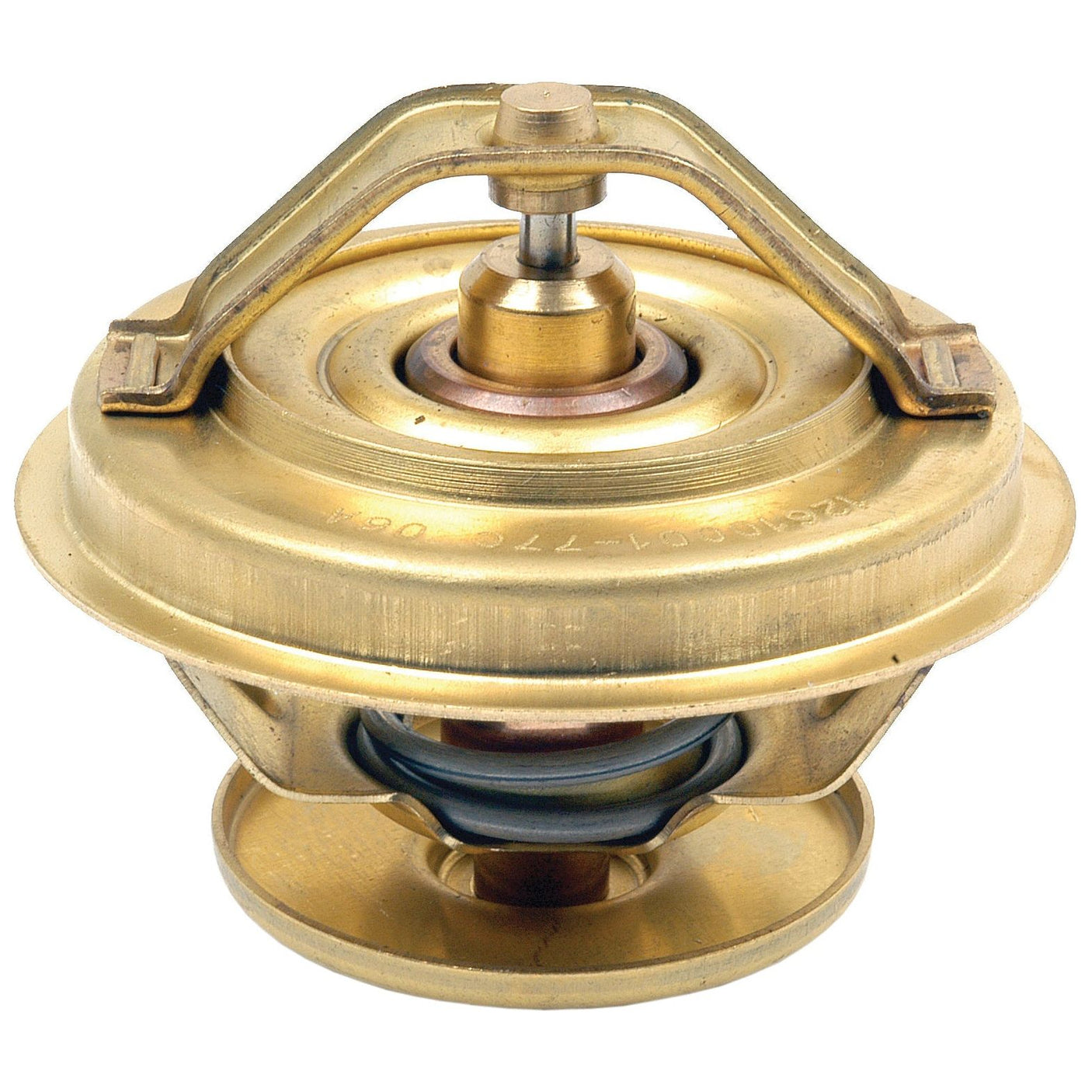 The Thermostat | Sparex Part No. S.64167 is a brass engine thermostat from the brand Sparex, equipped with a spring mechanism and mounting bracket, designed for compatibility with Zetor tractors to ensure efficient operation within the optimal temperature range.