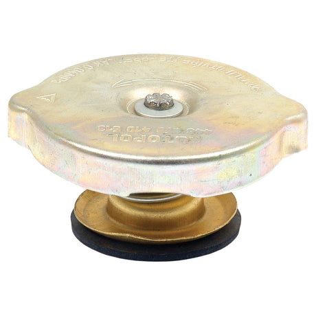 The Sparex Radiator Cap - S.64168 is a metal automotive cap featuring a stamped design on top, a central screw, and a rubber gasket at the bottom, with a pressure rating of 4 psi.