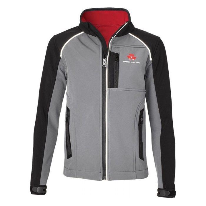 Introducing the Massey Ferguson Kids Softshell Jacket - X993311802 by AGCO. This stylish grey and black jacket for kids features a high collar, red lining, and a front zipper. It includes reflective detailing on two side zip pockets, one chest zip pocket, and a small emblem on the left chest.