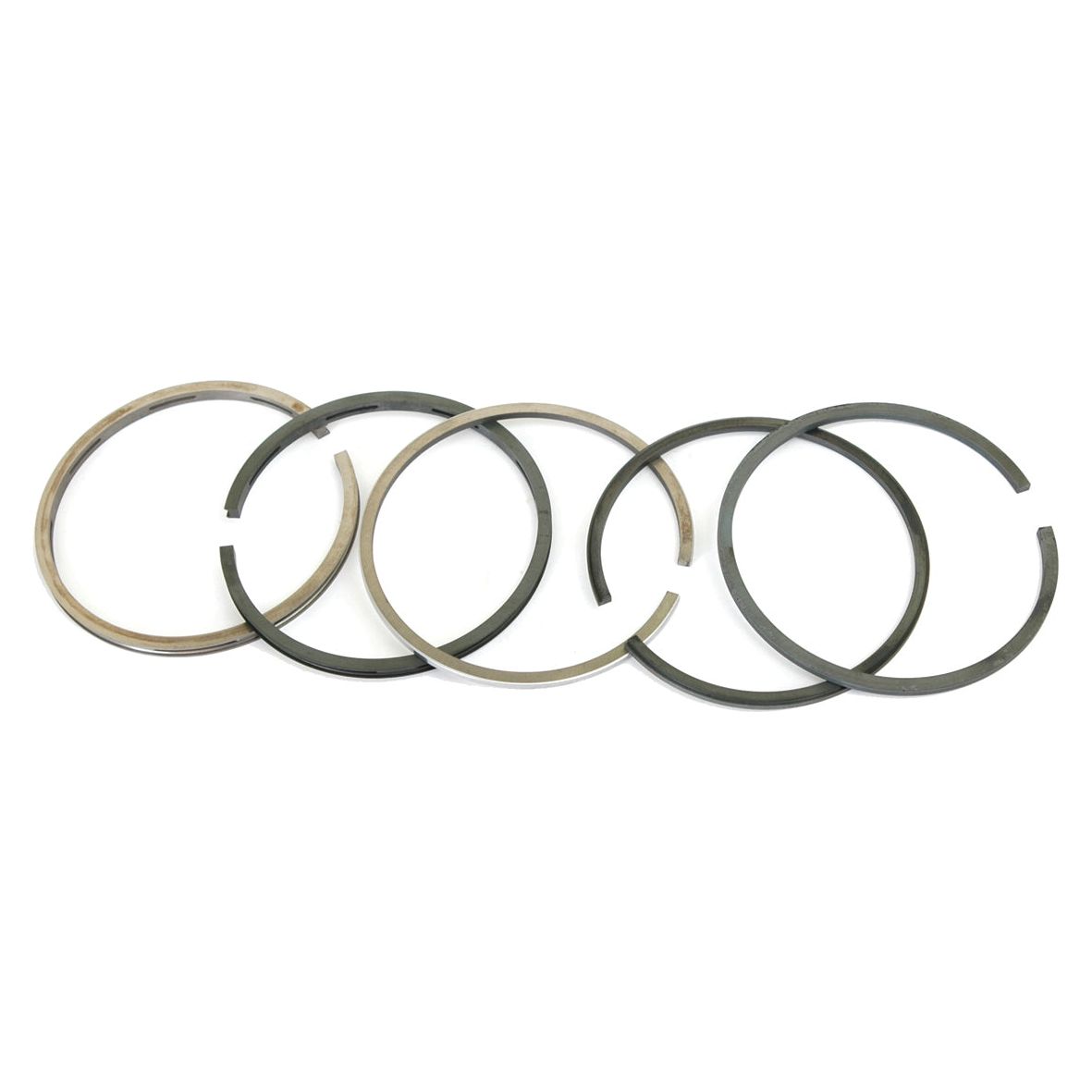 A set of five chrome-plated piston rings from the Piston Ring and Liner Kit (Sparex Part No. S.64209) by Sparex, arranged in a row on a white background.