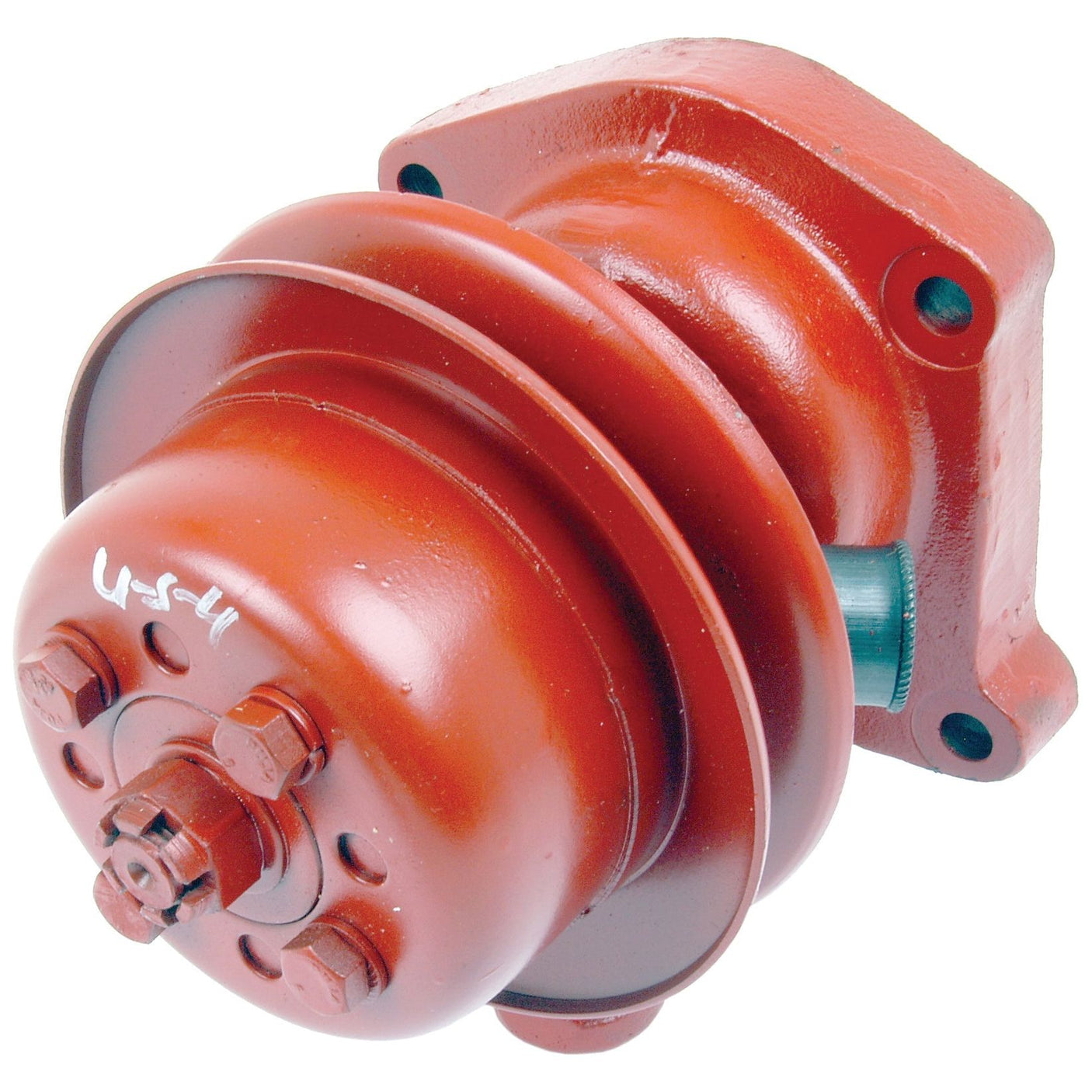 The Sparex Water Pump Assembly (Part No. S.64218) is a red, industrial cylindrical component featuring visible bolts and flanges. It includes a V-Style pulley for versatile applications and is compatible with Zetor equipment.