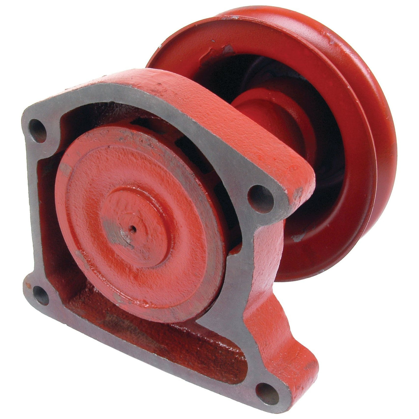 The Sparex Water Pump Assembly (Supplied with Pulley), Part No. S.64218, is a red industrial machine part featuring a circular central section and four mounting holes, compatible with Zetor machinery.