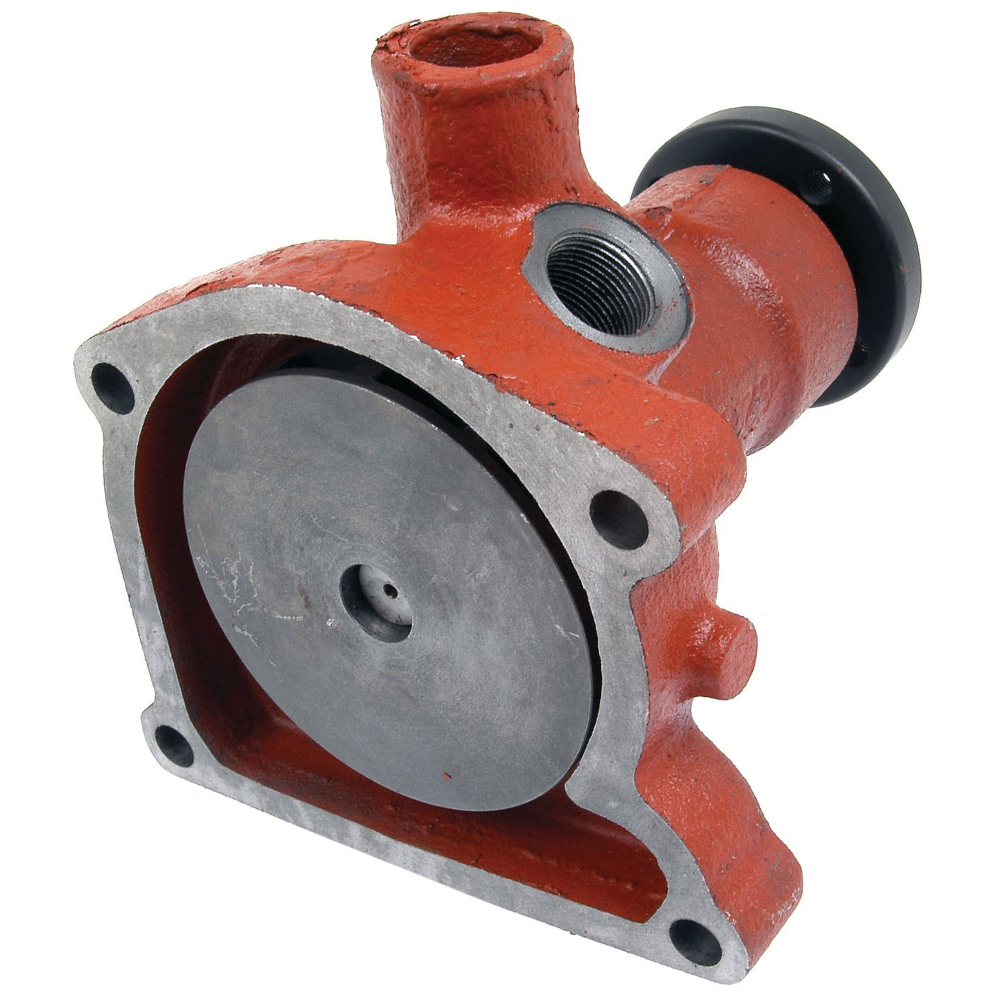 Introducing the Sparex Water Pump Assembly (Supplied with Pulley) | Sparex Part No. S.64219, a sturdy red metal automotive component featuring a circular opening, multiple ports, and bolt holes—ideal for Zetor engines or compatible with Sparex impeller setups.