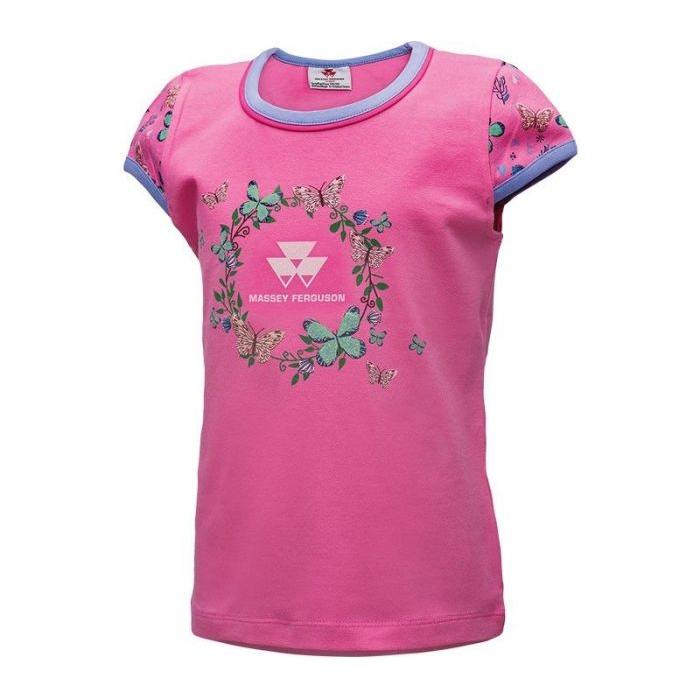 Kids AGCO pink Massey Ferguson t-shirt (X993310028) featuring a glittery butterfly design and floral patterns around the logo on the front.