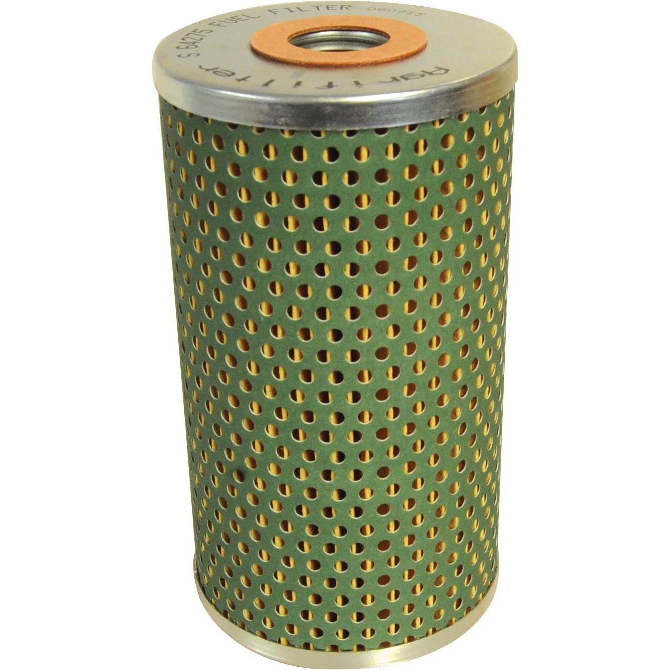 A Sparex Fuel Filter - Element - Primary (Sparex Part No. S.64275) for Zetor tractors, featuring a cylindrical metal design with a perforated green body and an orange sealing ring on top.