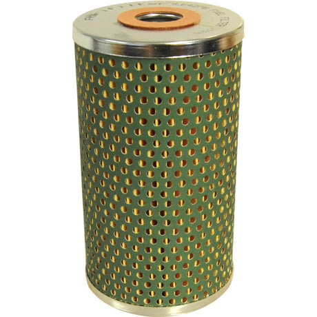 The Sparex Fuel Filter - Element - Secondary (Sparex Part No. S.64276) features a cylindrical, perforated metal filter with a green casing and a central hole at the top, making it an ideal choice as a Massey Ferguson fuel filter.