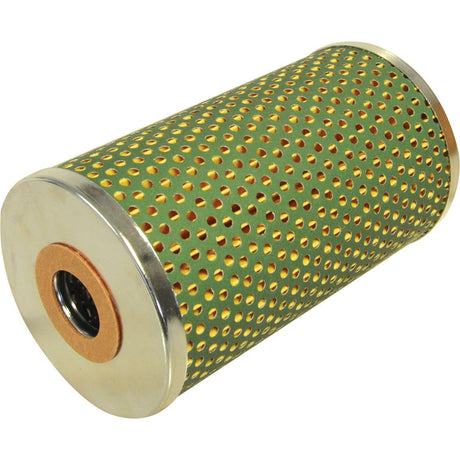 A cylindrical fuel filter with a yellow and green perforated metal casing, designed for Sparex Agrifilter applications, featuring a central opening. Brand: Sparex, Product: Fuel Filter - Element - Secondary, Part No. S.64276.