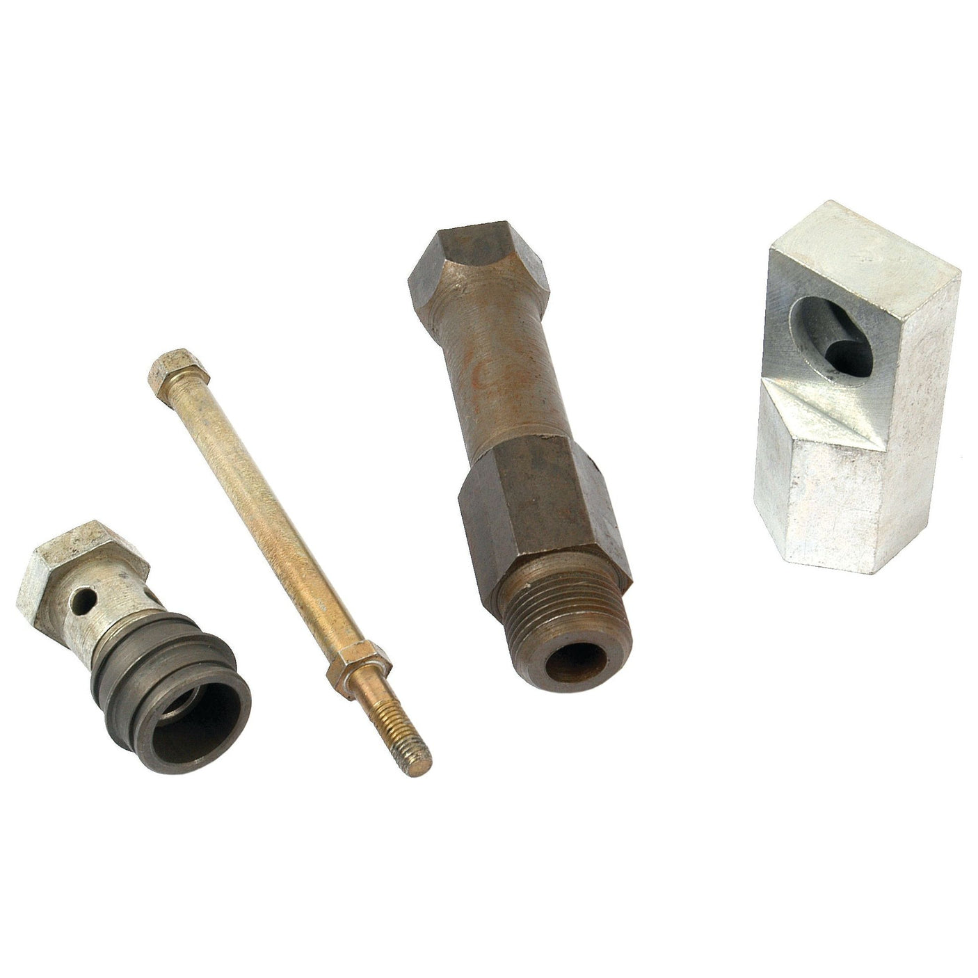 Assorted metal machine parts, including a threaded rod, a cylindrical component with a hexagonal end, a small bolt, and a rectangular block with a hole. Ideal for use in the Sparex Hydraulic Connector (Sparex Part No.S.64289) or as part of your conversion kit needs.