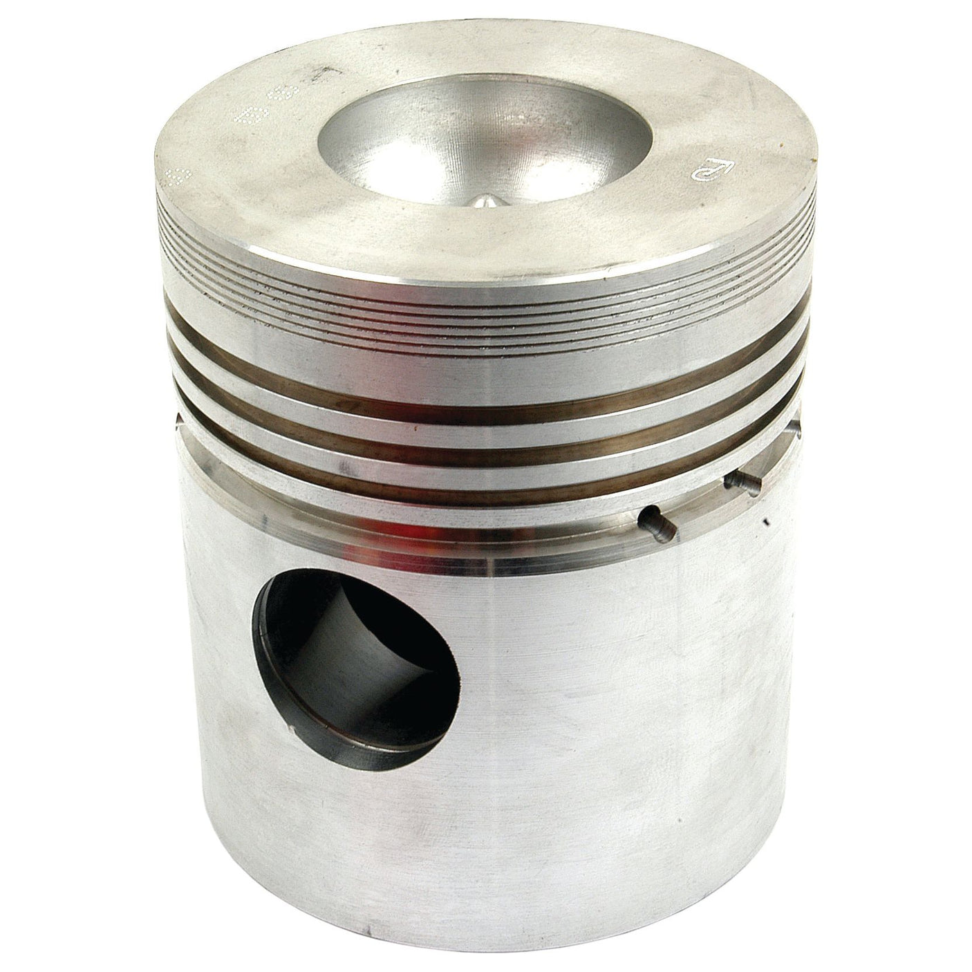 The Sparex Piston (Standard) - S.64308, a silver metal piston designed with grooves and holes for use in internal combustion engines and boasting a precise bore diameter, is displayed against a white background.