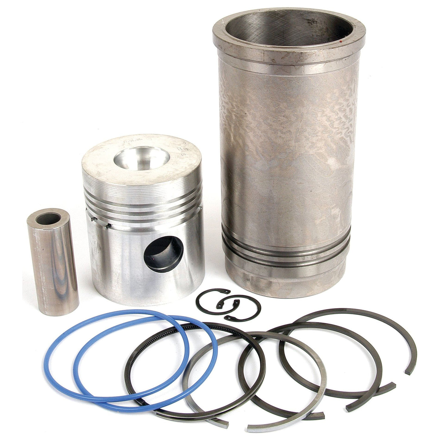 A Piston Ring and Liner Kit by Sparex (Part No. S.64318) for Zetor Models, featuring a piston, chrome plated rings, cylinder sleeve, wrist pin, clips, and multiple rings arranged on a white background.