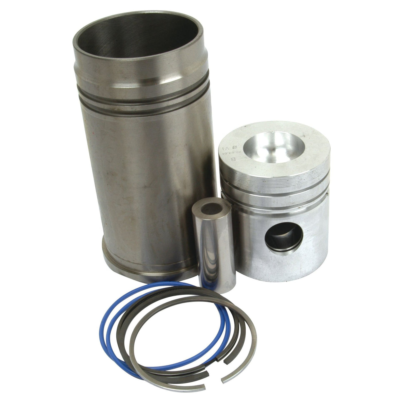 Image of Sparex's Piston Ring and Liner Kit (Sparex Part No. S.64323), featuring a cylinder sleeve, piston, piston pin, and chrome-plated rings arranged together on a white background.