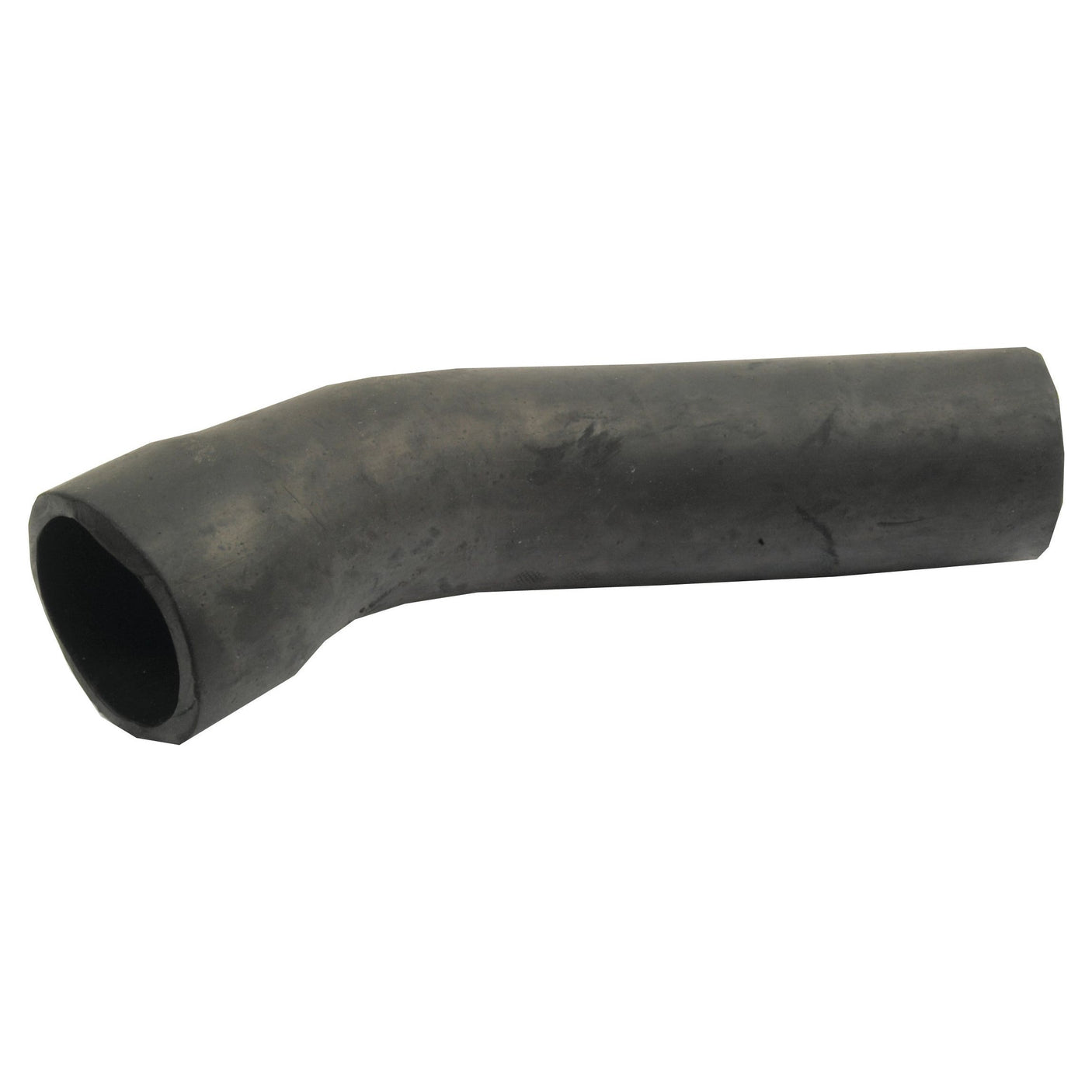 A black, slightly bent Sparex Bottom Hose, Sparex Part No. S.64328, with an inner diameter of 38mm at the smaller end and 44mm at the bigger end, secured with a hose clip.