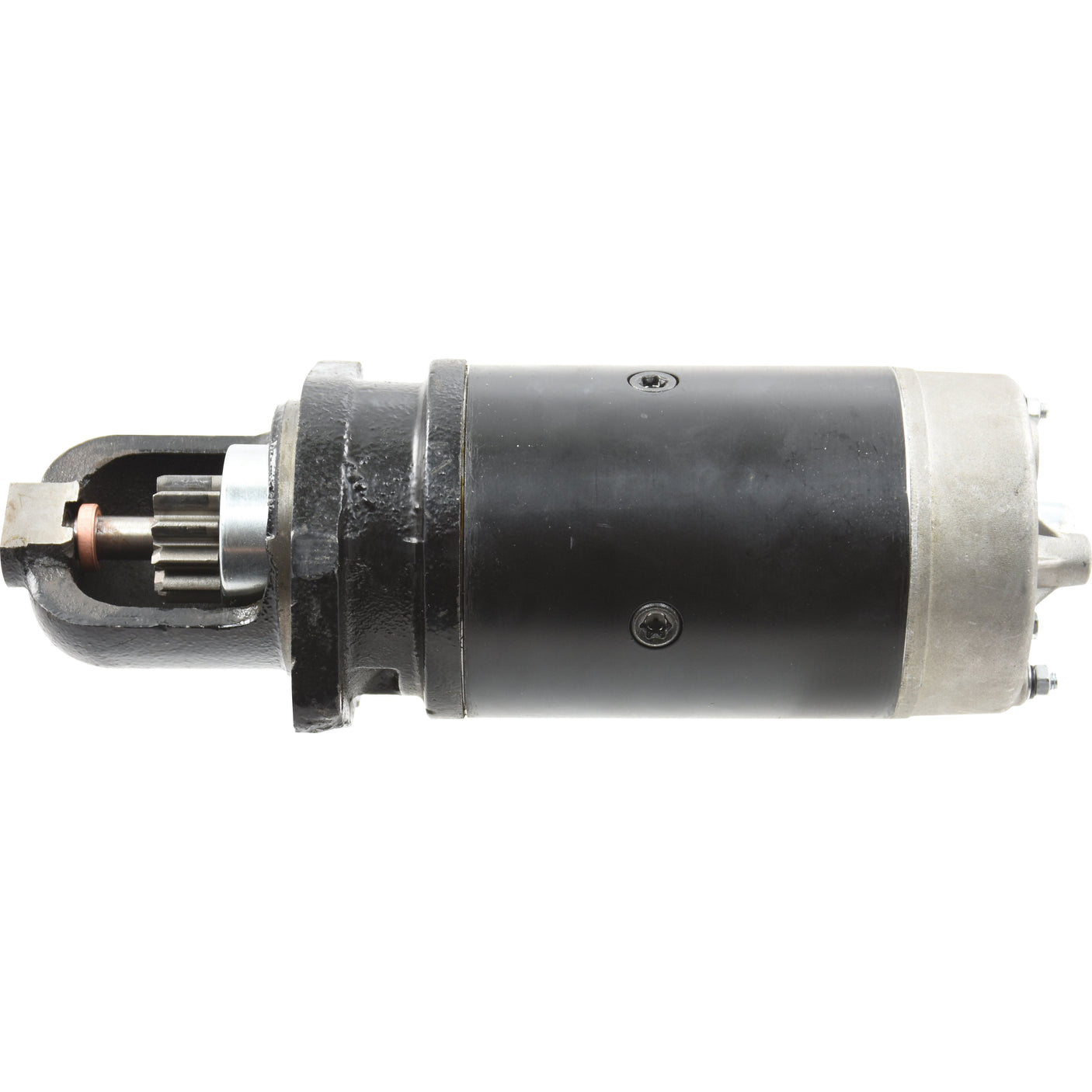 A Sparex Starter Motor - 12V, 3Kw (Sparex Part No. S.64331) featuring a cylindrical design with a black midsection, metal end caps, and a gear mechanism on one end.