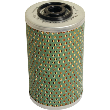 A cylindrical Sparex (Part No. S.64338) fuel filter with a perforated green exterior and black inner ring is shown. The top end of the filter has inscriptions and a central opening, suitable for Claas DOMINATOR models.